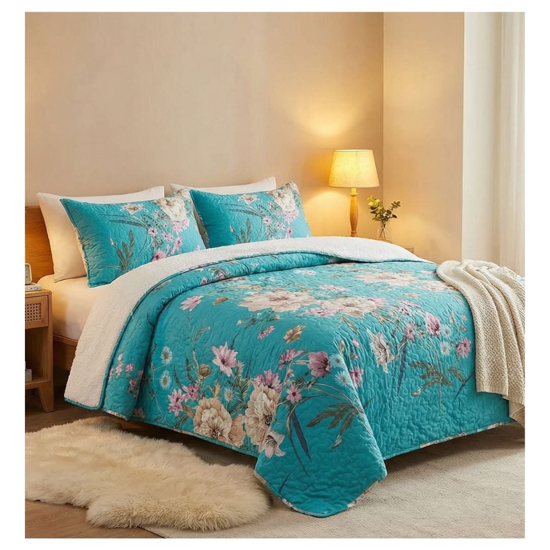 CUBRECAMA 2 PLAZAS TURQUESA SHERPA QUILT FLORES M915 - 1