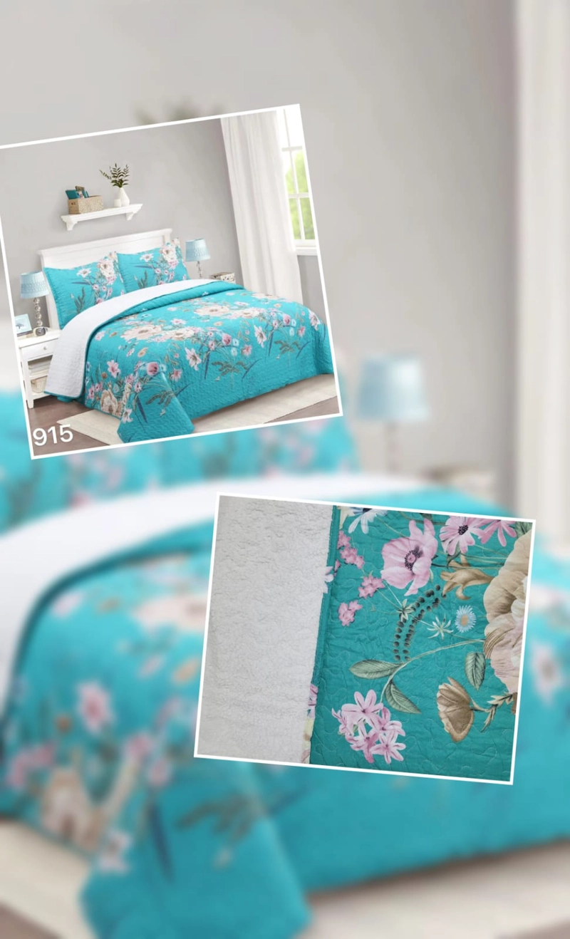 CUBRECAMA 2 PLAZAS TURQUESA SHERPA QUILT FLORES M915 - 4