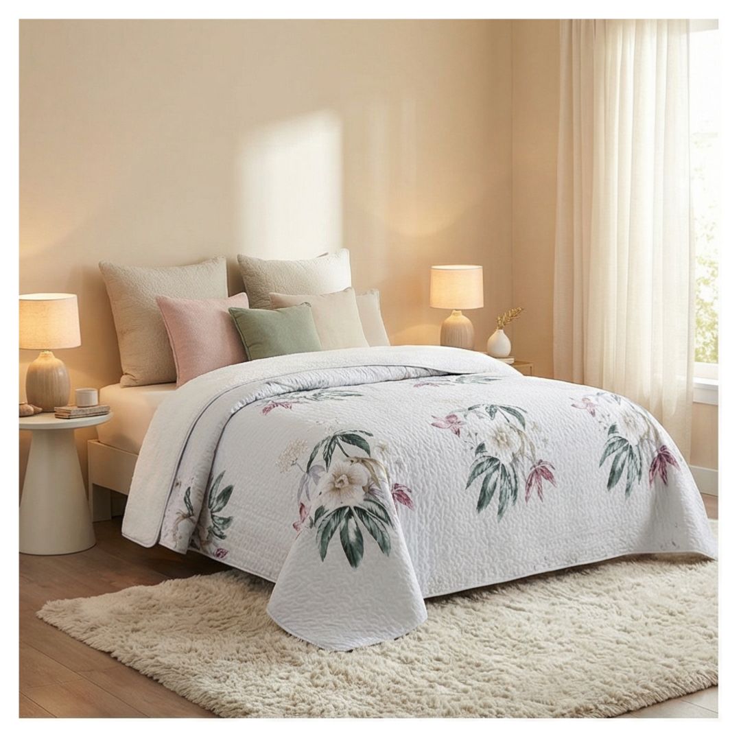 CUBRECAMA 2 PLAZAS CREMA SHERPA QUILT ROSAS BLANCAS M907 - 1