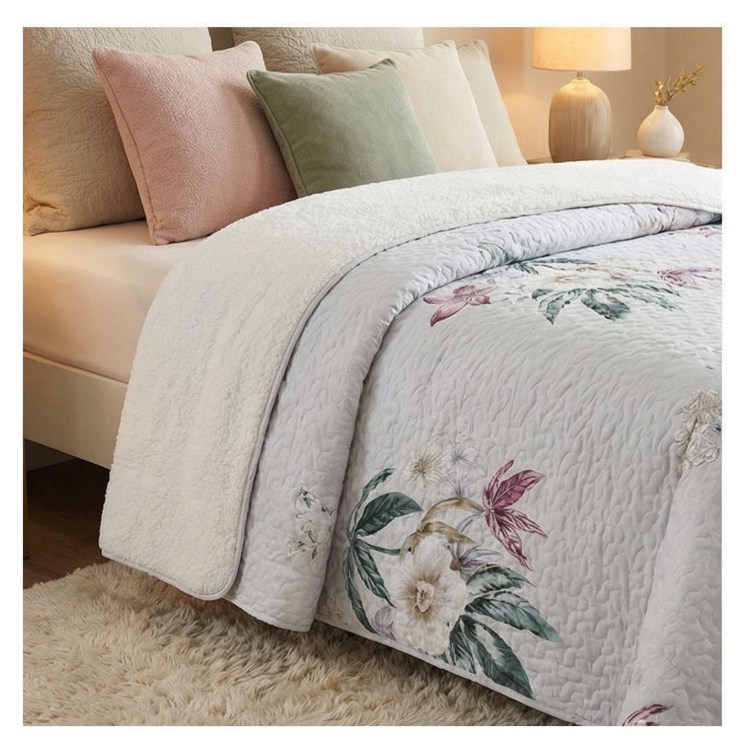 CUBRECAMA 2 PLAZAS CREMA SHERPA QUILT ROSAS BLANCAS M907 - 2