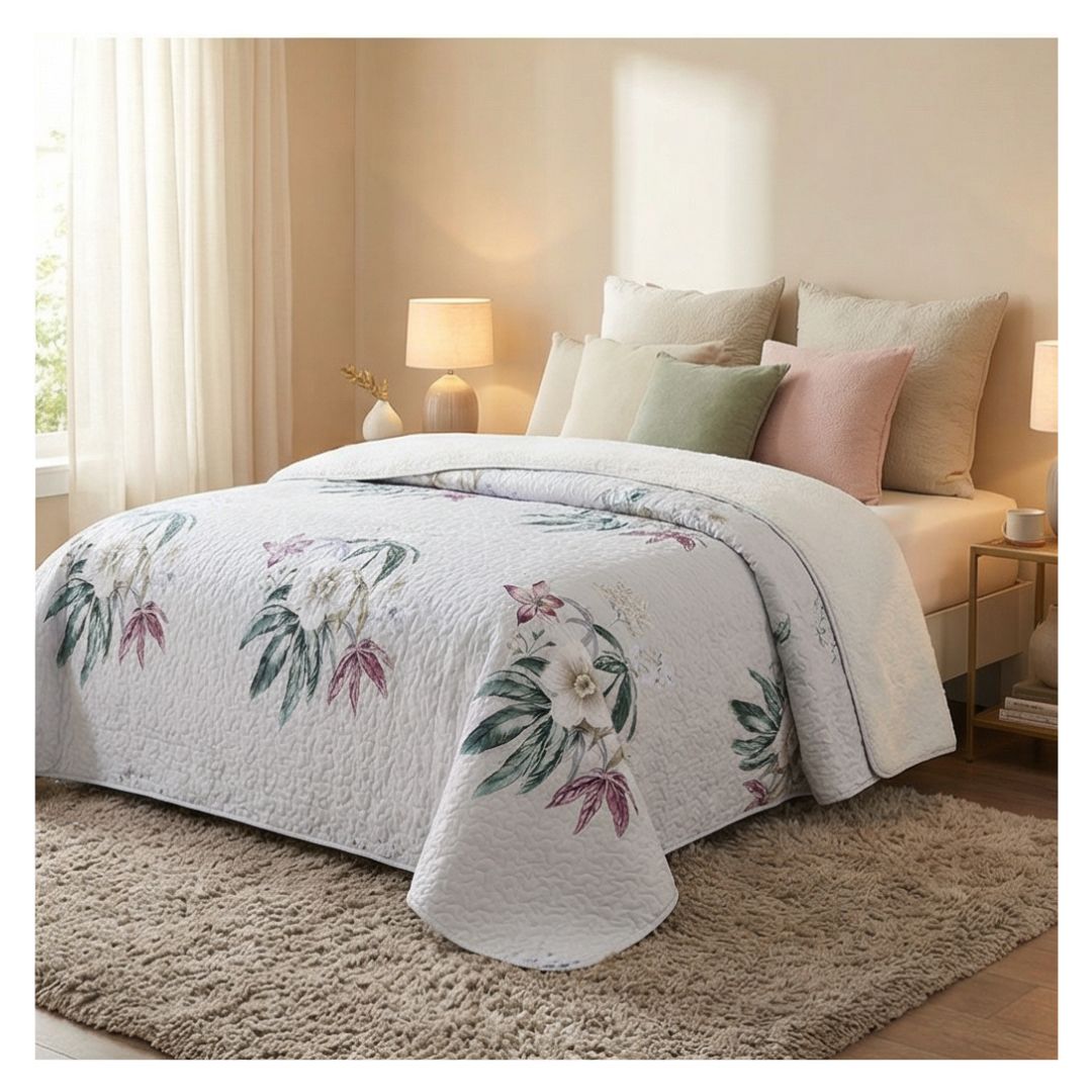 CUBRECAMA 2 PLAZAS CREMA SHERPA QUILT ROSAS BLANCAS M907 - 3