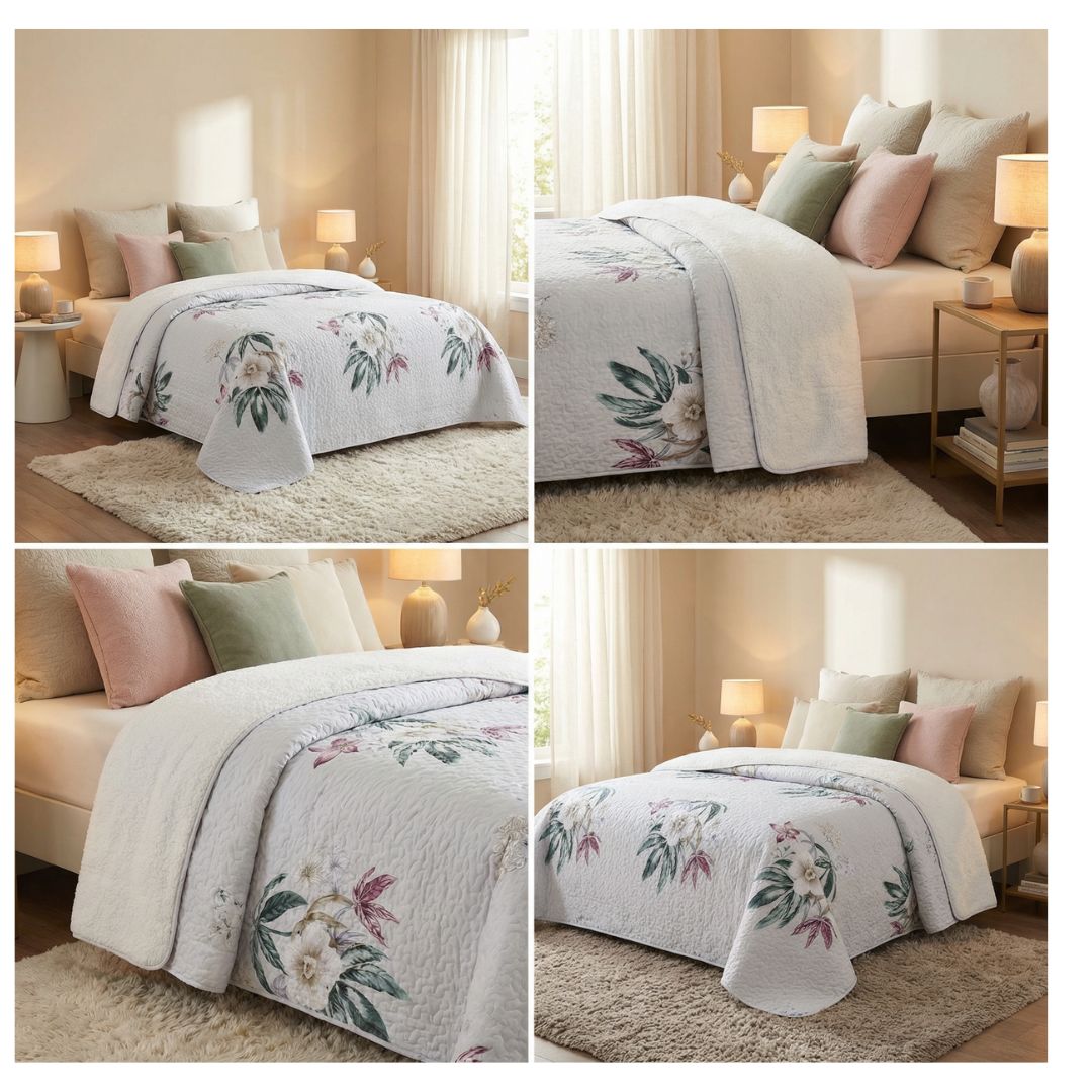 CUBRECAMA 2 PLAZAS CREMA SHERPA QUILT ROSAS BLANCAS M907 - 4