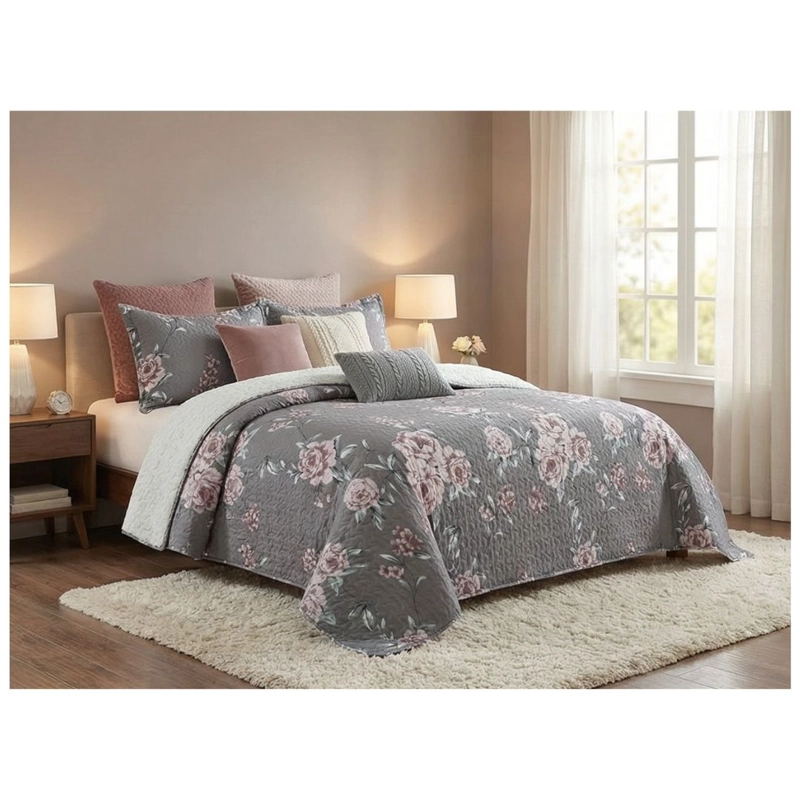 CUBRECAMA 2 PLAZAS GRIS SHERPA QUILT ROSAS M948 - 3