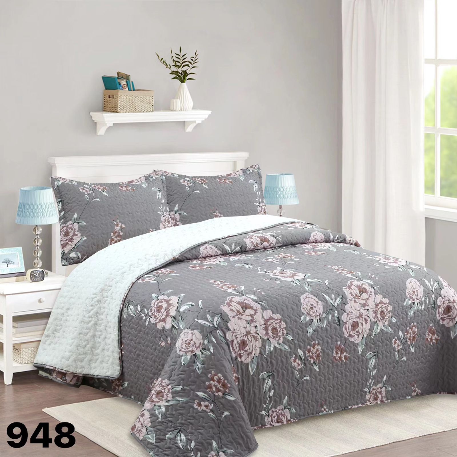 CUBRECAMA 2 PLAZAS GRIS SHERPA QUILT ROSAS M948 - 4