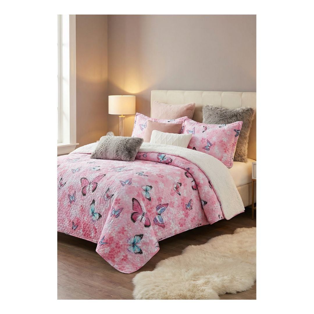 CUBRECAMA 2 PLAZAS ROSADO SHERPA QUILT MARIPOSA M937 - 1