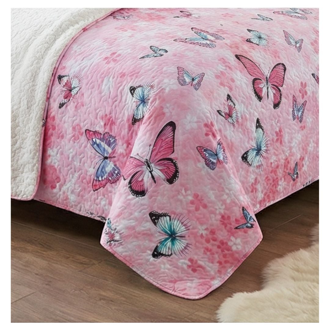 CUBRECAMA 2 PLAZAS ROSADO SHERPA QUILT MARIPOSA M937 - 3