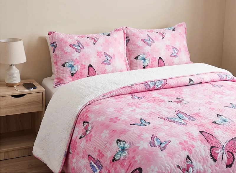CUBRECAMA 2 PLAZAS ROSADO SHERPA QUILT MARIPOSA M937 - 5