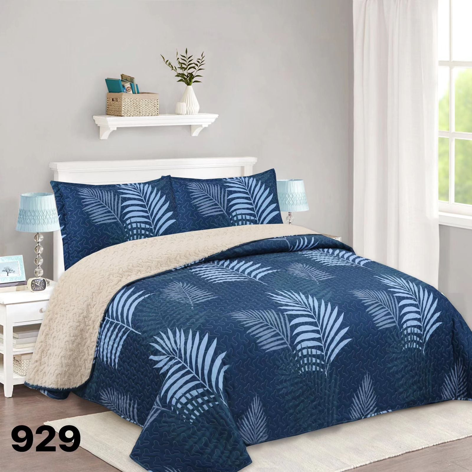CUBRECAMA 2 PLAZAS AZUL SHERPA QUILT RAMAS M929 - 1
