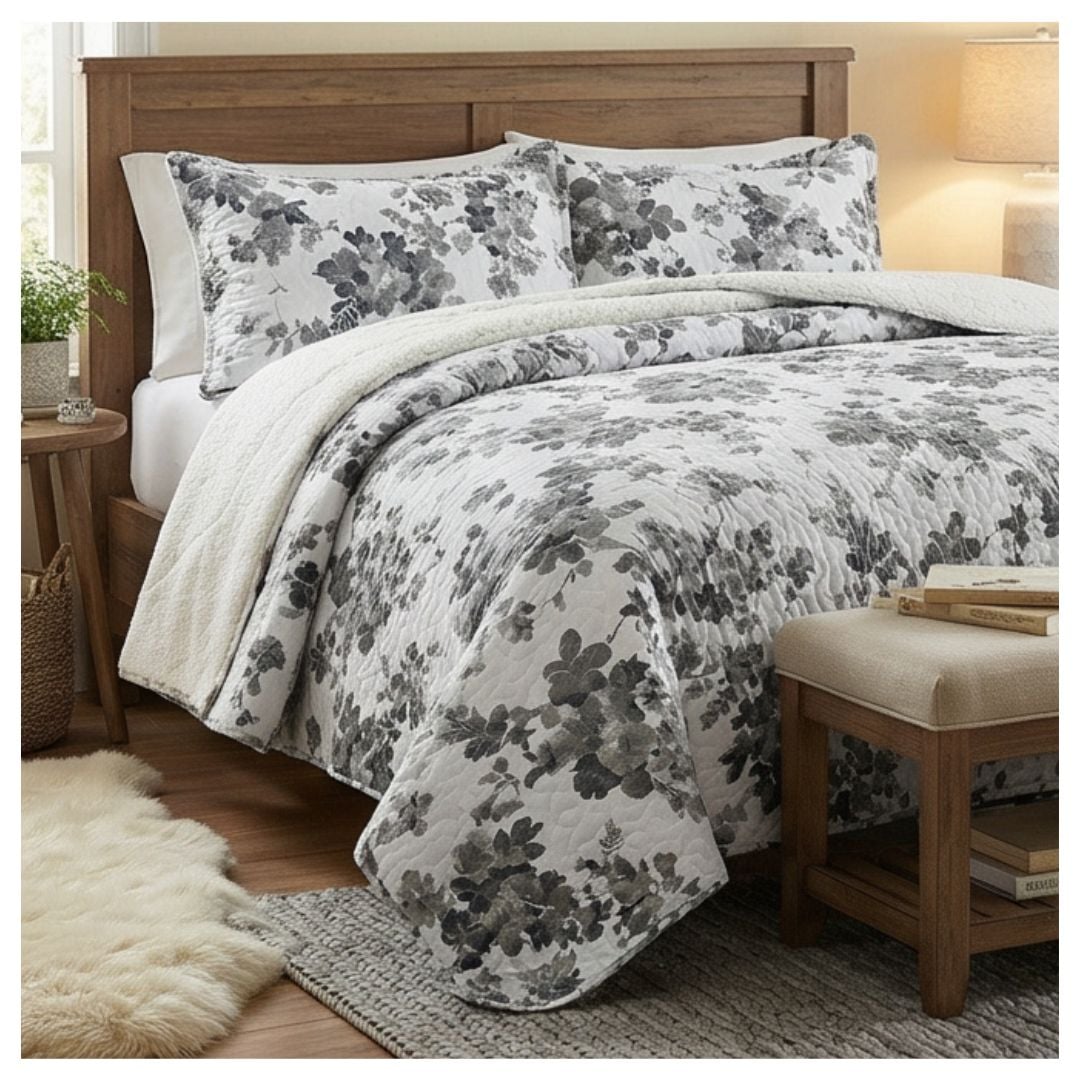 CUBRECAMA BLANCO SHERPA QUILT KING FLORES GRISES M905 - 1