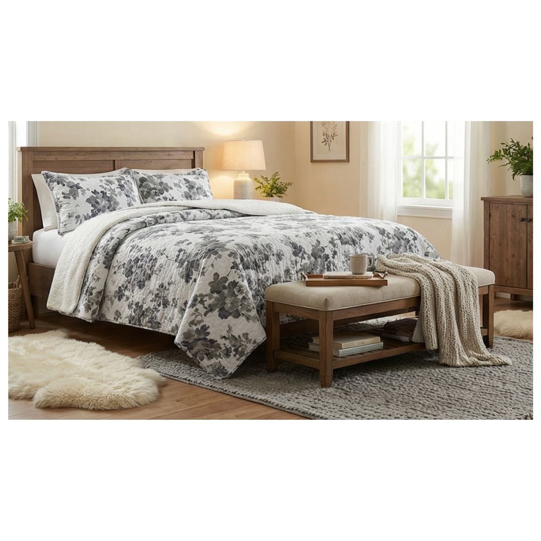 CUBRECAMA BLANCO SHERPA QUILT KING FLORES GRISES M905 - 4