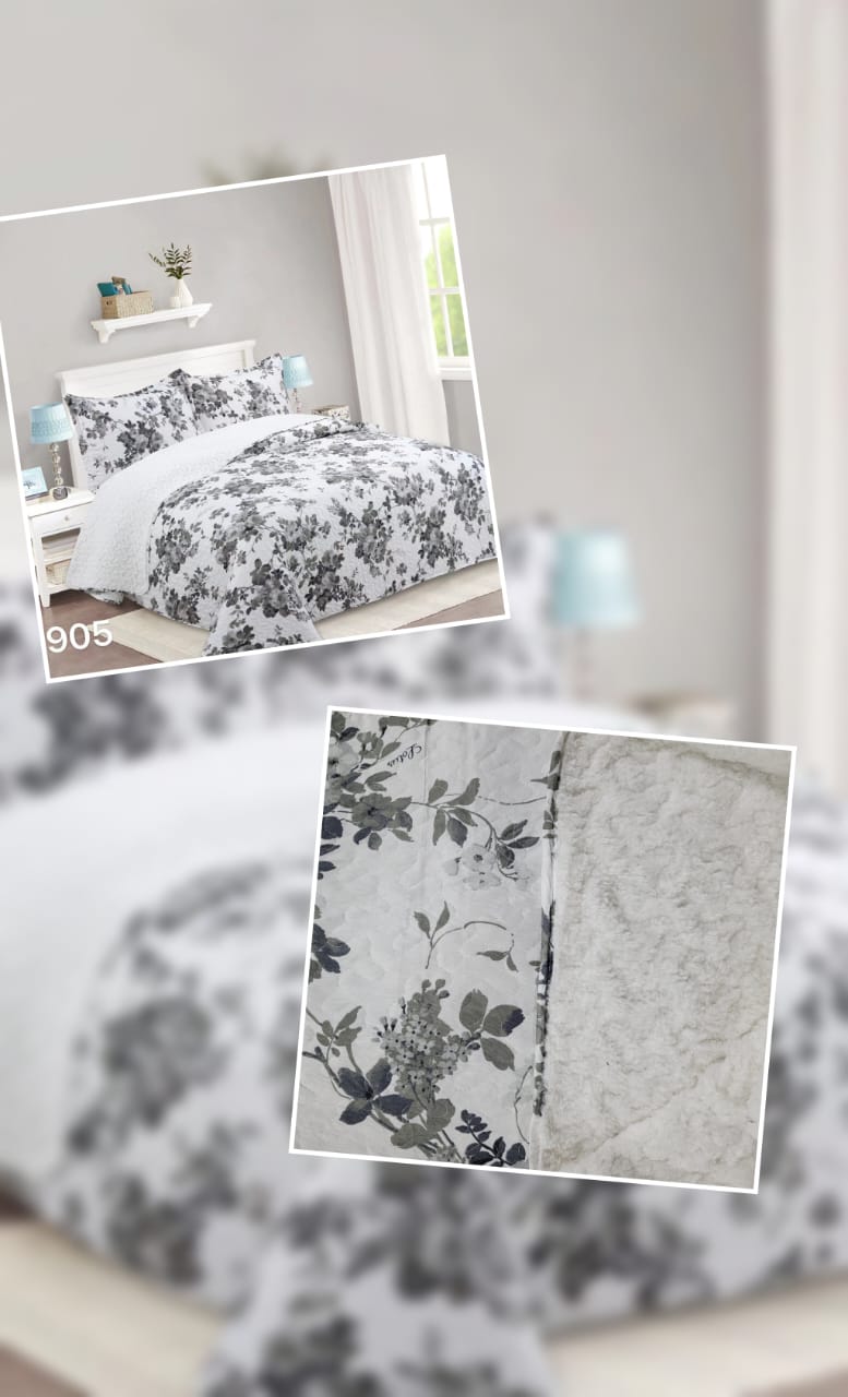 CUBRECAMA BLANCO SHERPA QUILT KING FLORES GRISES M905 - 5