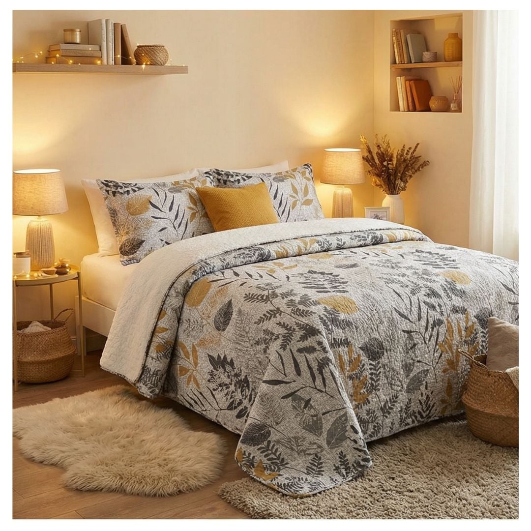 CUBRECAMA GRIS SHERPA QUILT KING CLARO HOJAS M911 - 3