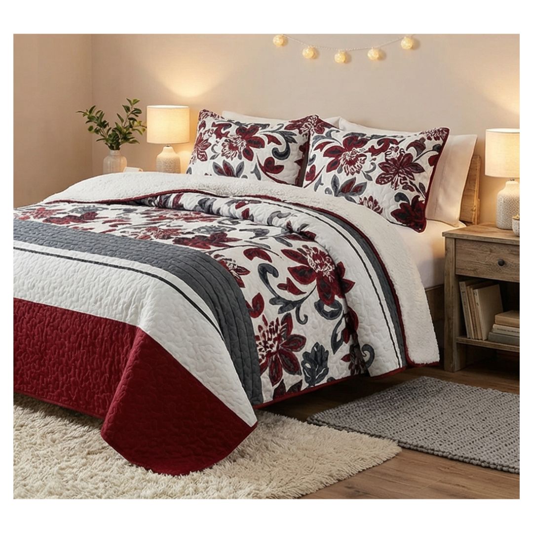 CUBRECAMA BURDEO SHERPA QUILT KING HOJAS M908 - 1