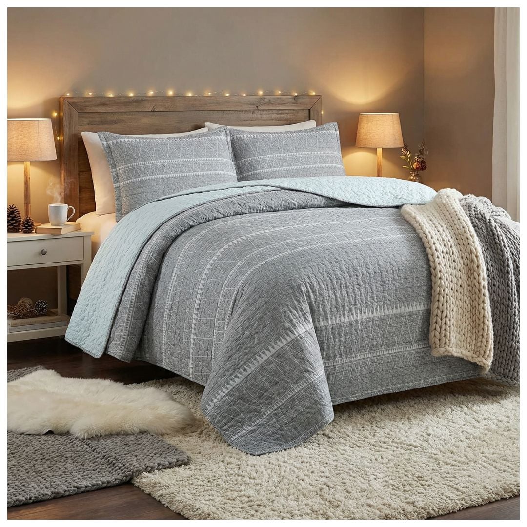 CUBRECAMA GRIS SHERPA QUILT KING TRIANGULO M946 - 1
