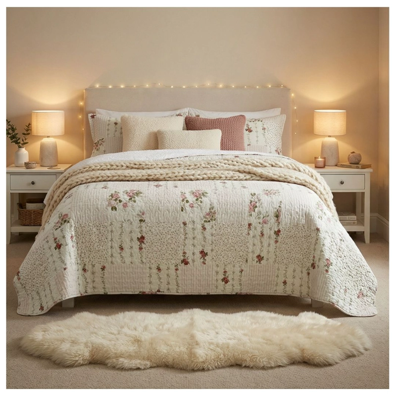 CUBRECAMA SHERPA KING - BEIGE CUADRILLE HOJAS M901 - 1