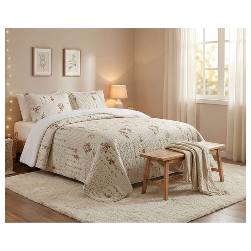 CUBRECAMA SHERPA KING - BEIGE CUADRILLE HOJAS M901 - 3