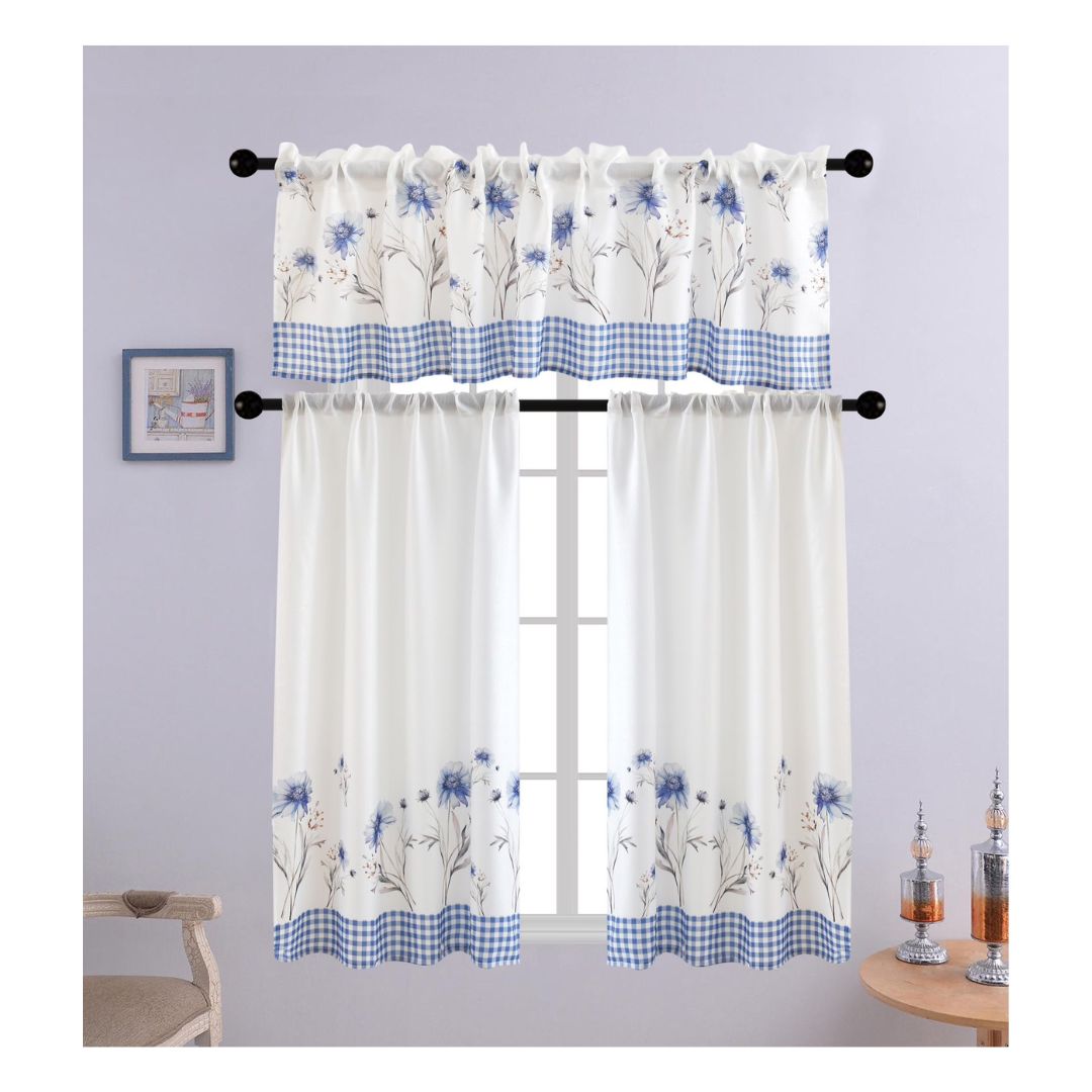 CORTINA DE COCINA CON DISEÑOS 138 X 136 CM - BLANCO FLORES AZULES - 1