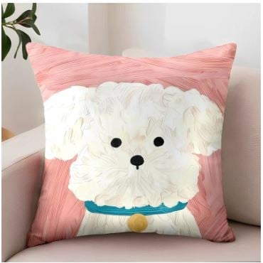 FUNDA PARA COJIN ESTAMPADO PERRO 45 X 45 CM. 100% POLIÉSTER MODELO ROSA BICHÓN FRISÉ - 1