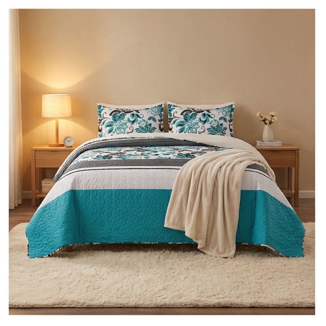 CUBRECAMA SHERPA 1.5 PLAZAS - TURQUESA BLANCO HOJAS M910 - 3