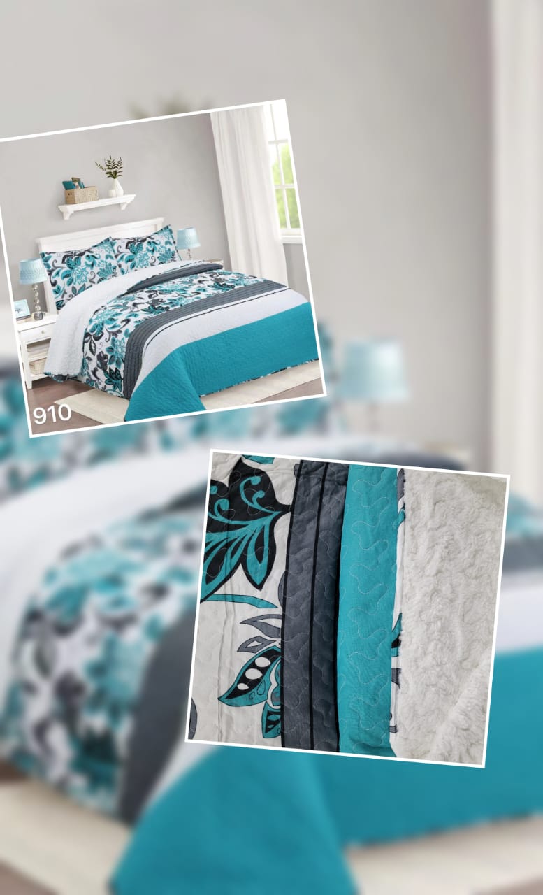 CUBRECAMA SHERPA 1.5 PLAZAS - TURQUESA BLANCO HOJAS M910 - 4