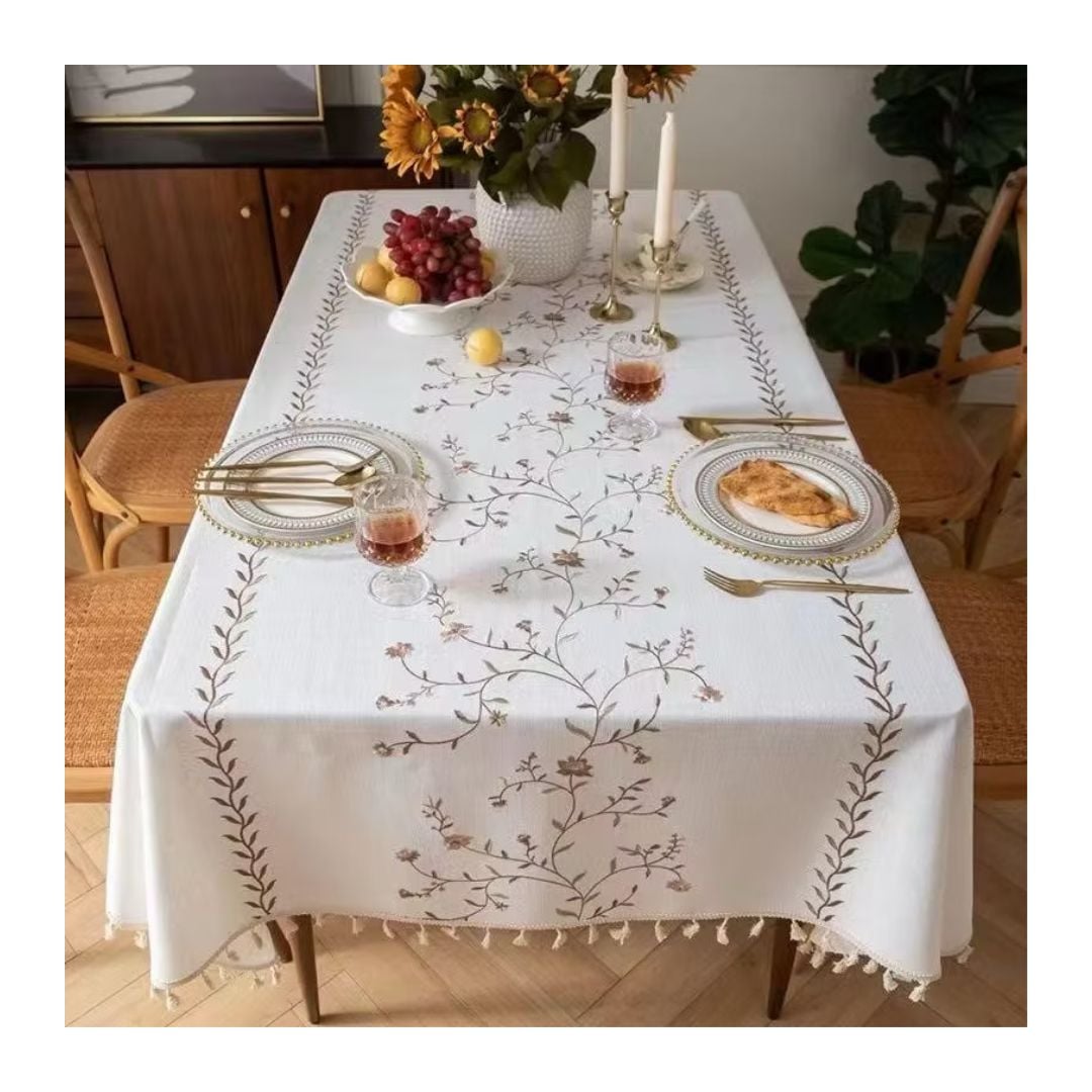 MANTEL RECTAGULAR DE LINO IMPERMEABLE 140 X 220 CM - CREMA FLORES M04 - 1