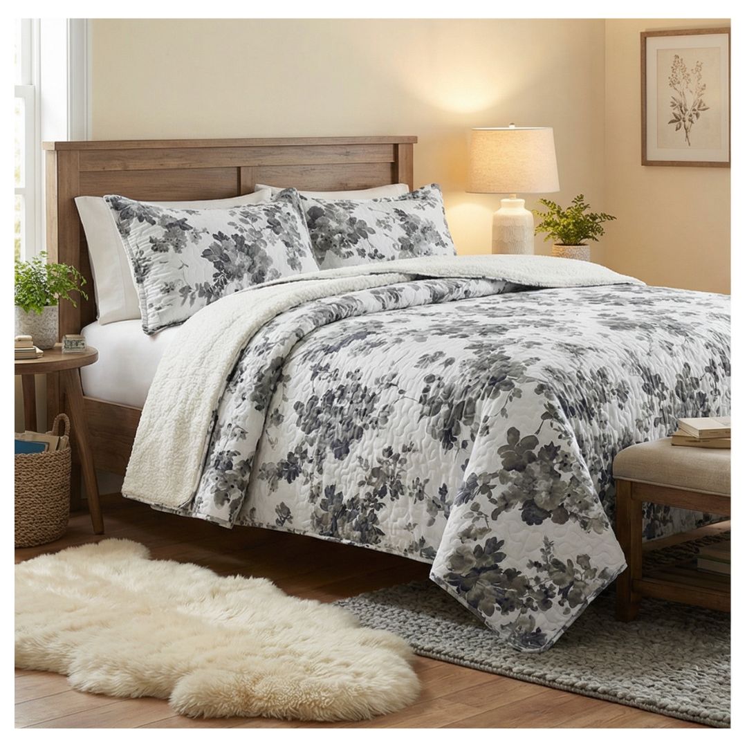 CUBRECAMA SHERPA 1.5 PLAZAS -  BLANCO FLORES GRISES M905 - 1