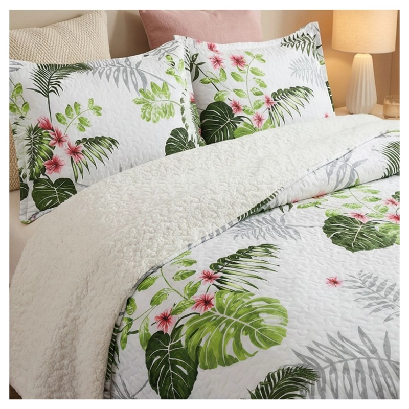 CUBRECAMA SHERPA 1.5 PLAZAS - BLANCO VERDE HOJAS M906 - 1