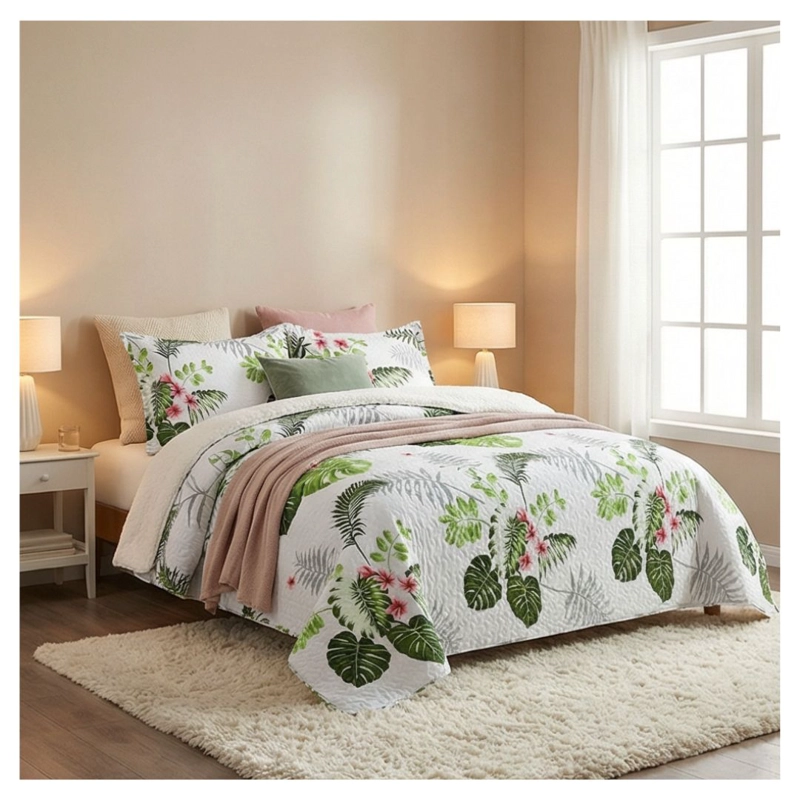CUBRECAMA SHERPA 1.5 PLAZAS - BLANCO VERDE HOJAS M906 - 2