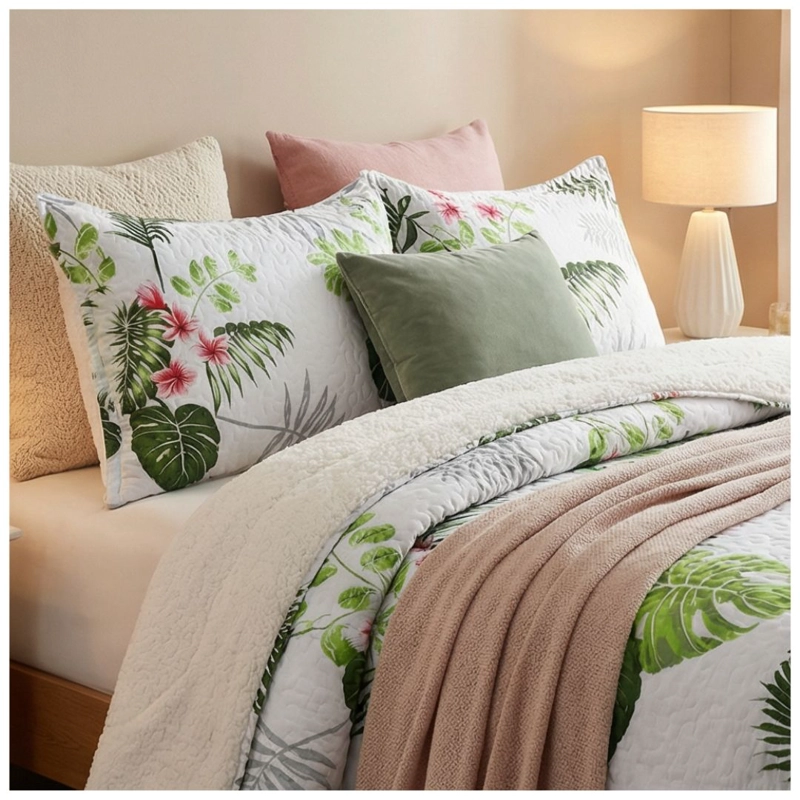 CUBRECAMA SHERPA 1.5 PLAZAS - BLANCO VERDE HOJAS M906 - 3