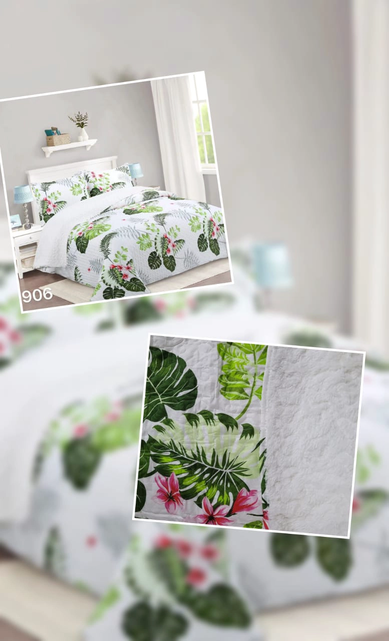CUBRECAMA SHERPA 1.5 PLAZAS - BLANCO VERDE HOJAS M906 - 4