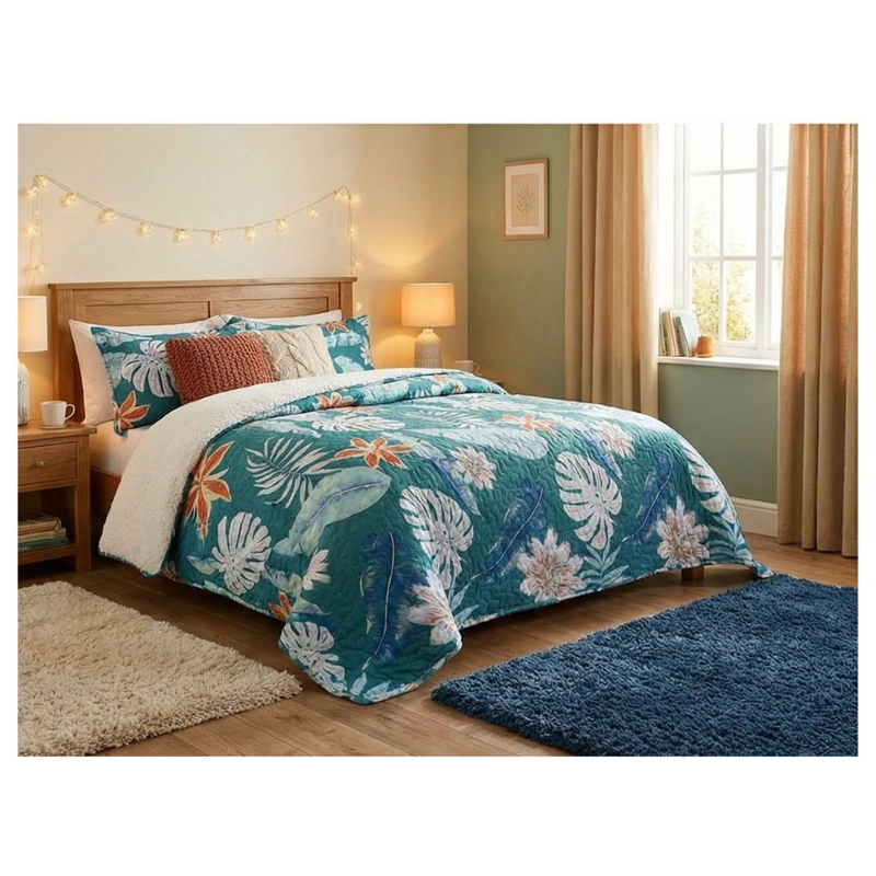 CUBRECAMA SHERPA 1.5 PLAZAS - CELESTE HOJAS M909 - 1