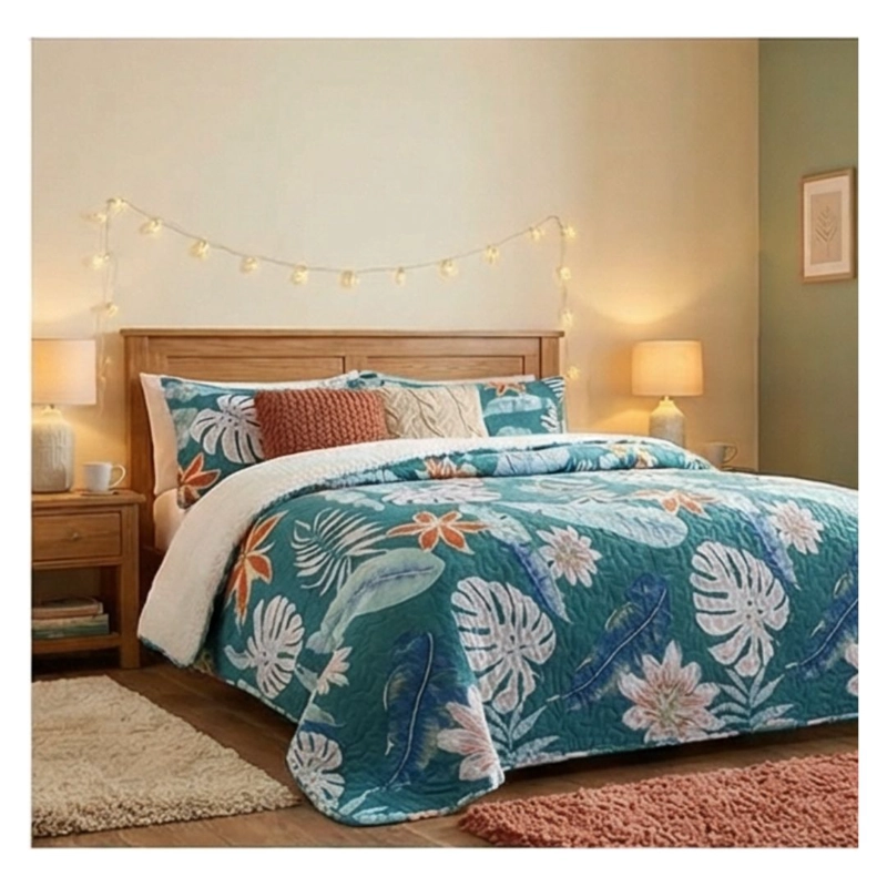 CUBRECAMA SHERPA 1.5 PLAZAS - CELESTE HOJAS M909 - 3