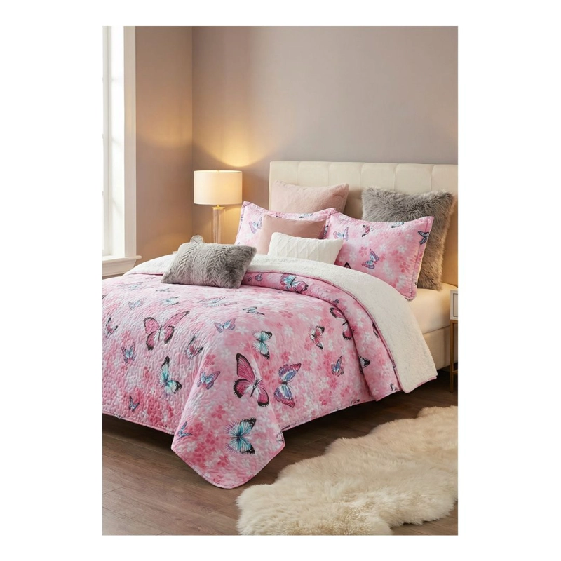CUBRECAMA SHERPA 1.5 PLAZAS - ROSA MARIPOSA M937 - 1