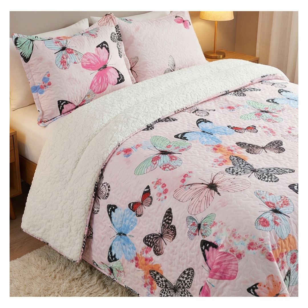 CUBRECAMA QUILT SHERPA 2 PLAZAS - PALO ROSA MARIPOSA M902 - 1