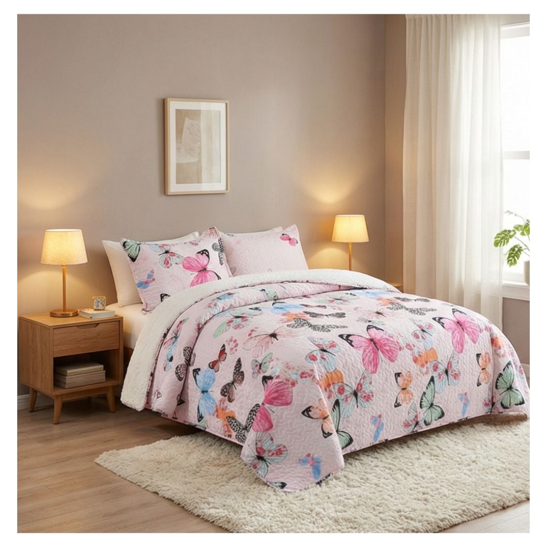 CUBRECAMA QUILT SHERPA 2 PLAZAS - PALO ROSA MARIPOSA M902 - 2