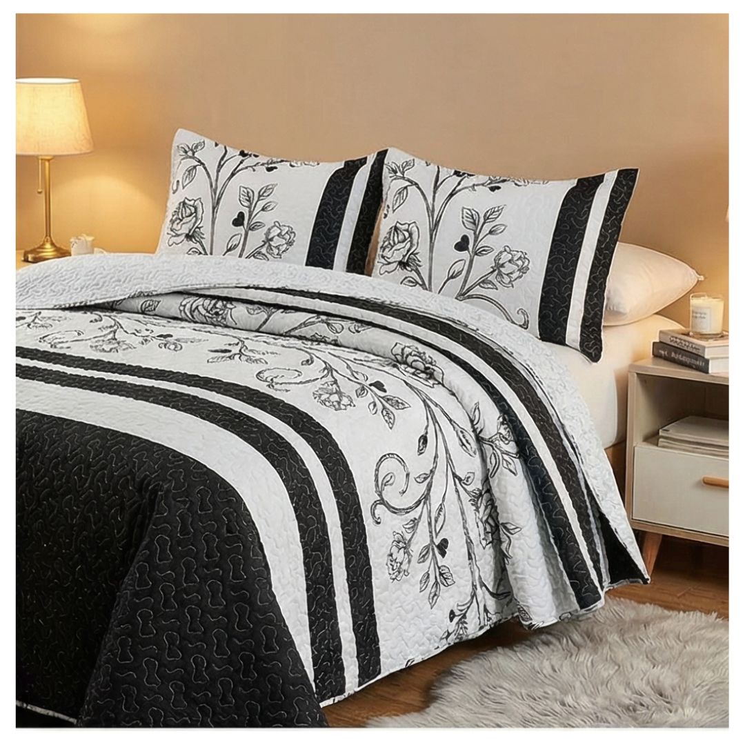 CUBRECAMA SHERPA 2 PLAZAS - NEGRO BLANCO ROSAS M950 - 1