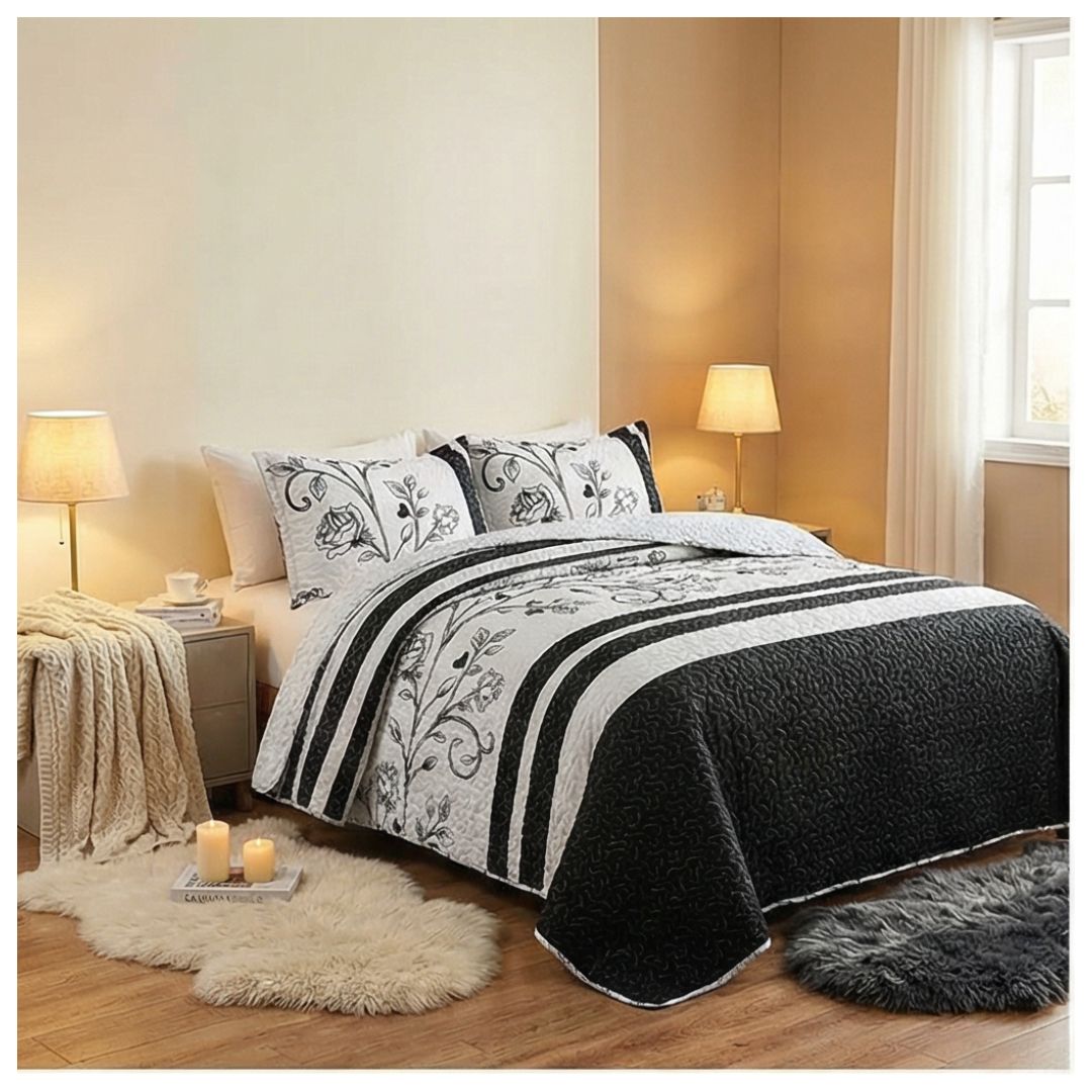 CUBRECAMA SHERPA 2 PLAZAS - NEGRO BLANCO ROSAS M950 - 3