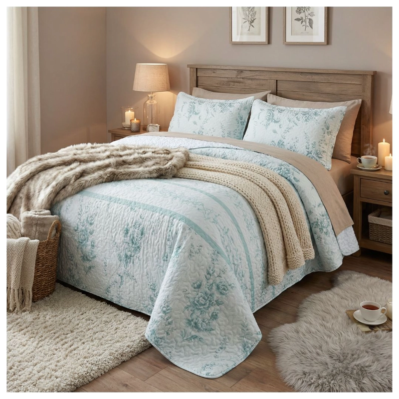 CUBRECAMA SHERPA 2 PLAZAS - ROSAS VERDE AGUA M940 - 2