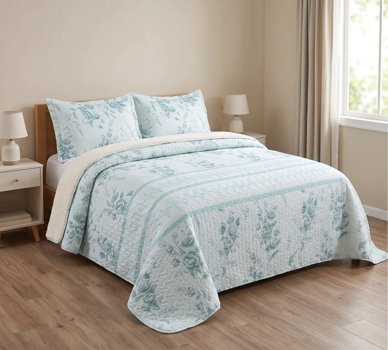 CUBRECAMA SHERPA 2 PLAZAS - ROSAS VERDE AGUA M940 - 5