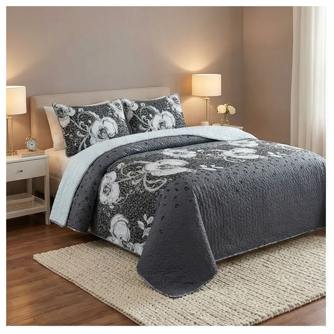 CUBRECAMA QUILT SHERPA 2 PLAZAS - EN COLOR NEGRO ROSAS EN COLOR BLANCOS M949 - 2