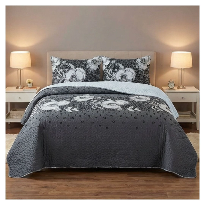 CUBRECAMA QUILT SHERPA 2 PLAZAS - EN COLOR NEGRO ROSAS EN COLOR BLANCOS M949 - 3