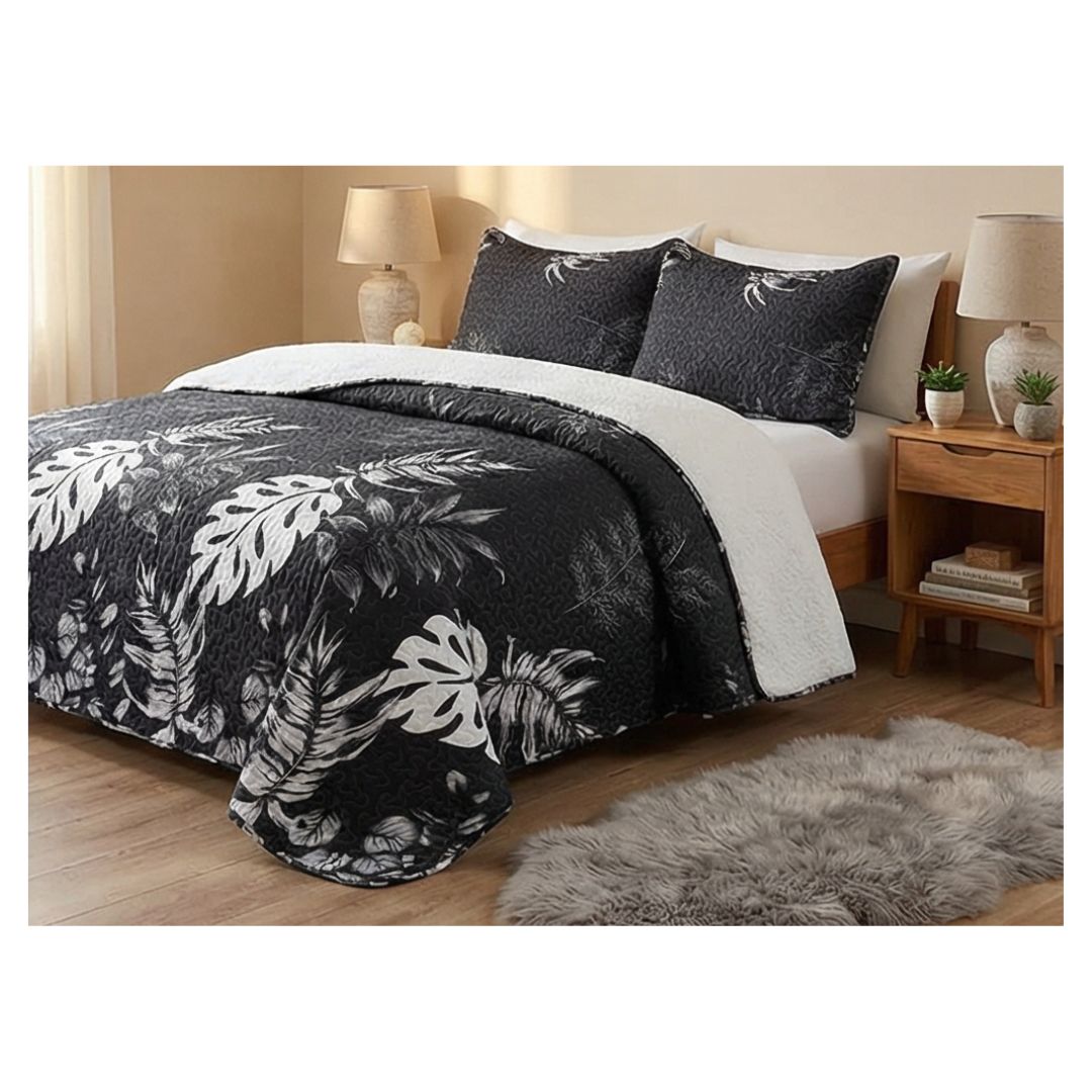 CUBRECAMA QUILT SHERPA KING - EN COLOR NEGRO HOJAS EN COLOR BLANCOS M917 - 1