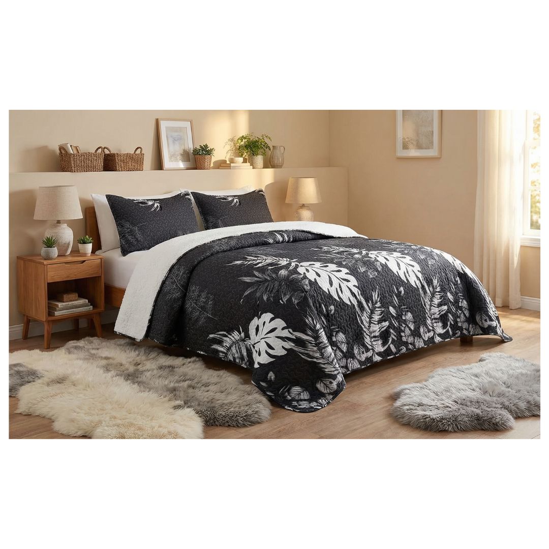 CUBRECAMA QUILT SHERPA KING - EN COLOR NEGRO HOJAS EN COLOR BLANCOS M917 - 3
