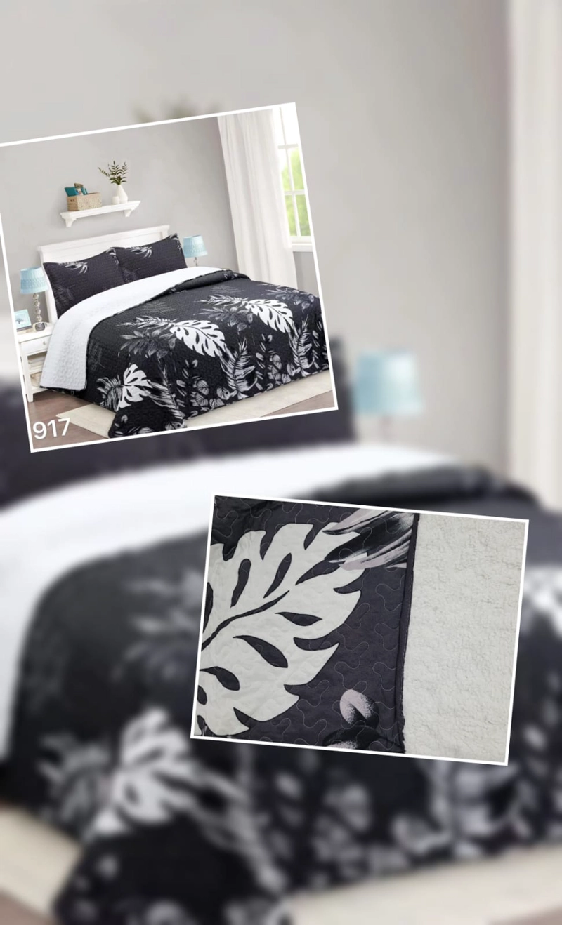 CUBRECAMA QUILT SHERPA KING - EN COLOR NEGRO HOJAS EN COLOR BLANCOS M917 - 4