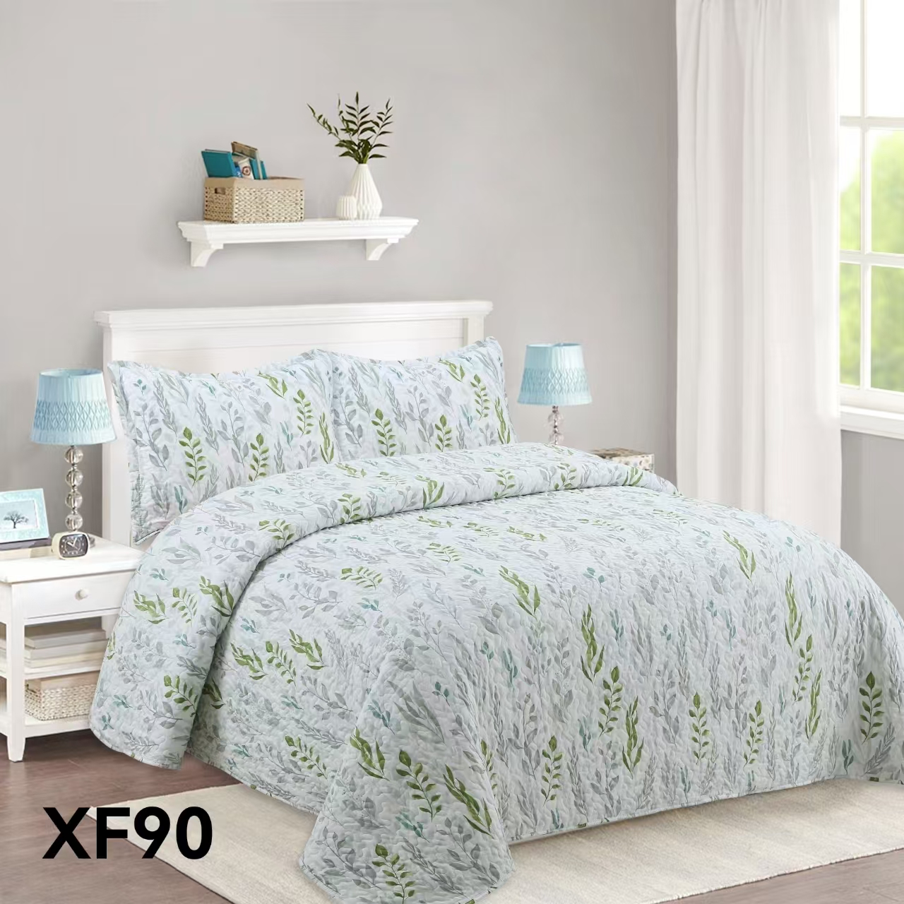 CUBRECAMA QUILT VERANO 2 PLAZAS - EN COLOR BLANCO HOJAS VERDES XF90 - 1
