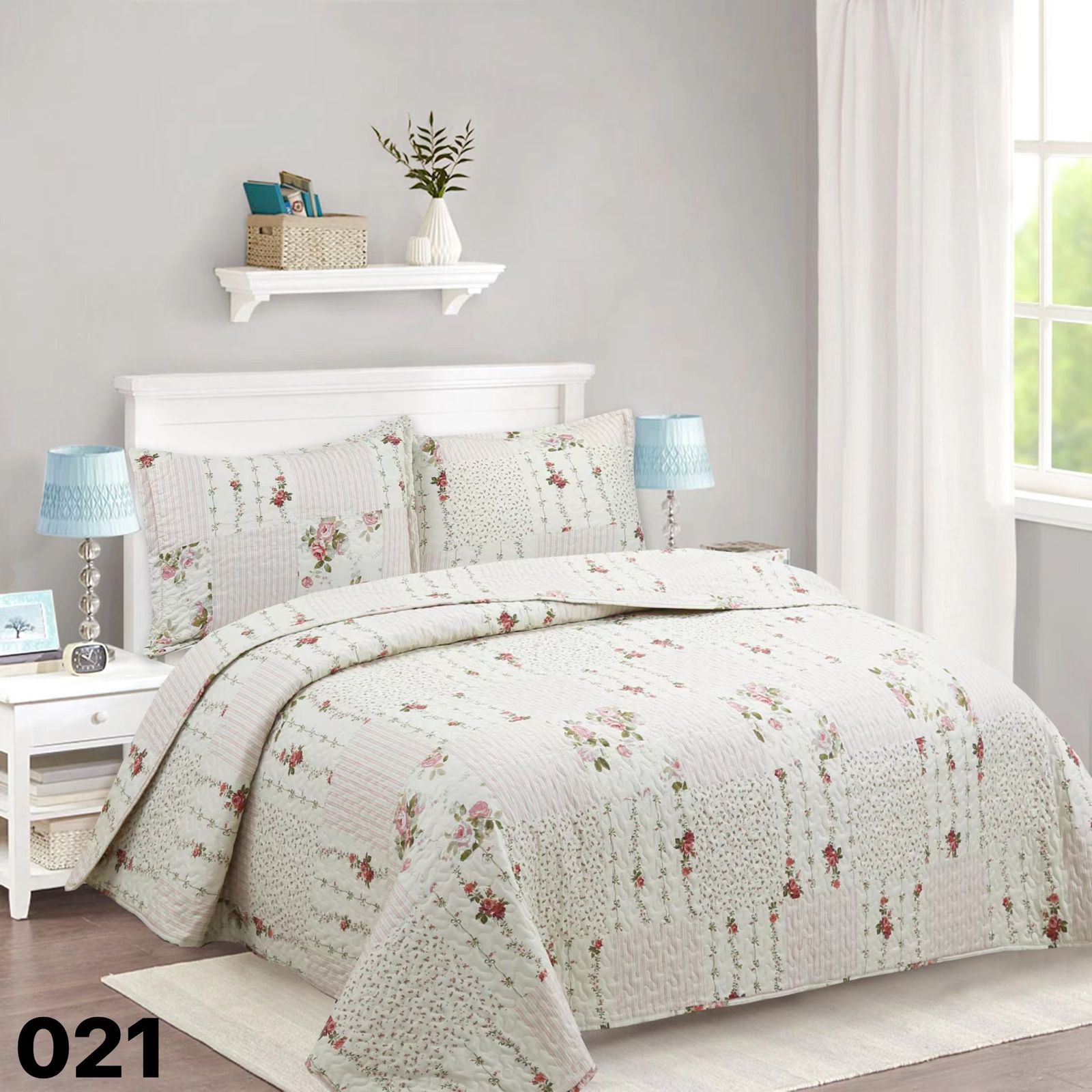 CUBRECAMA QUILT VERANO 2 PLAZAS - BEIGE CUADRILLE ROSAS 021 - 1