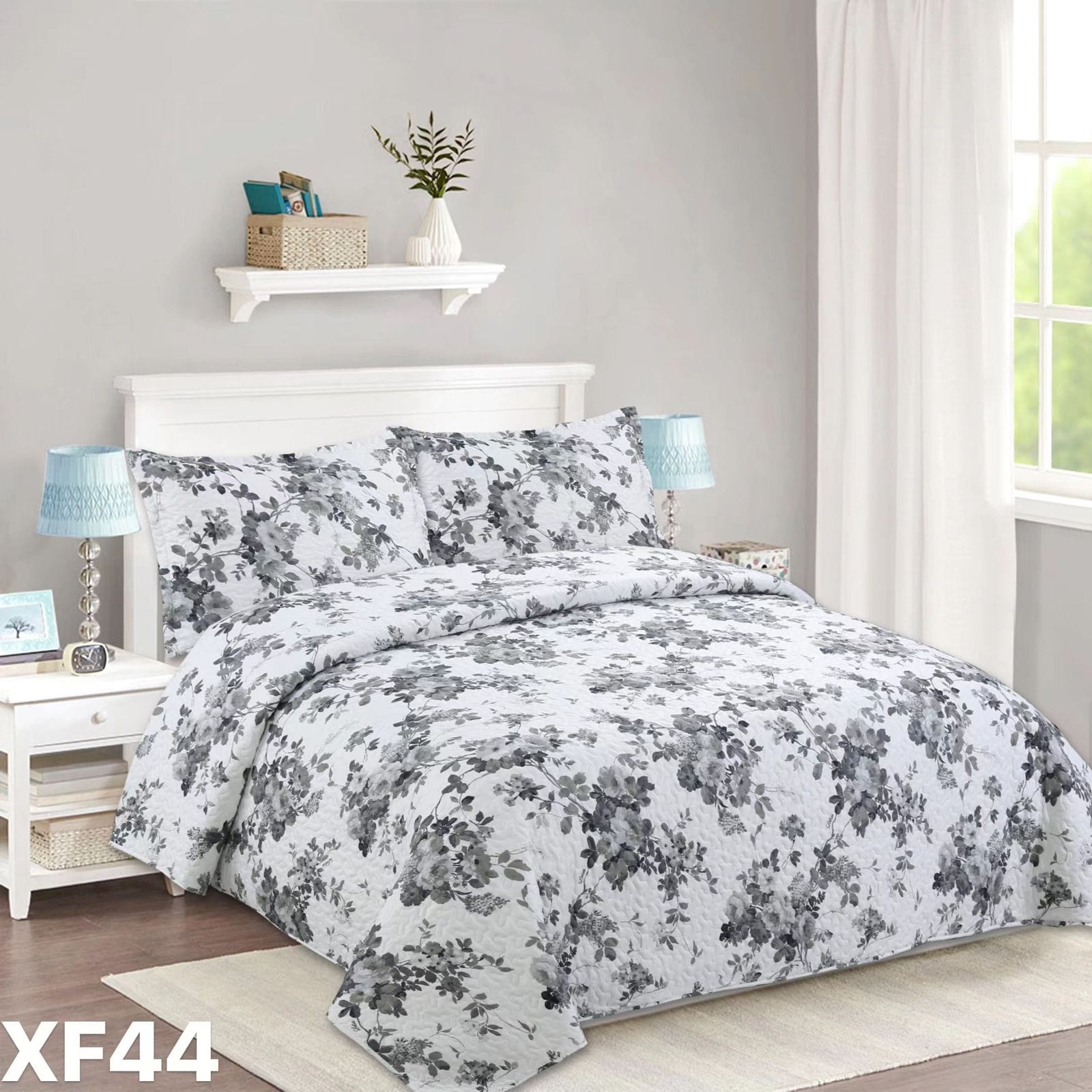 CUBRECAMA QUILT VERANO 2 PLAZAS - EN COLOR BLANCO HOJAS GRISES XF44 - 1