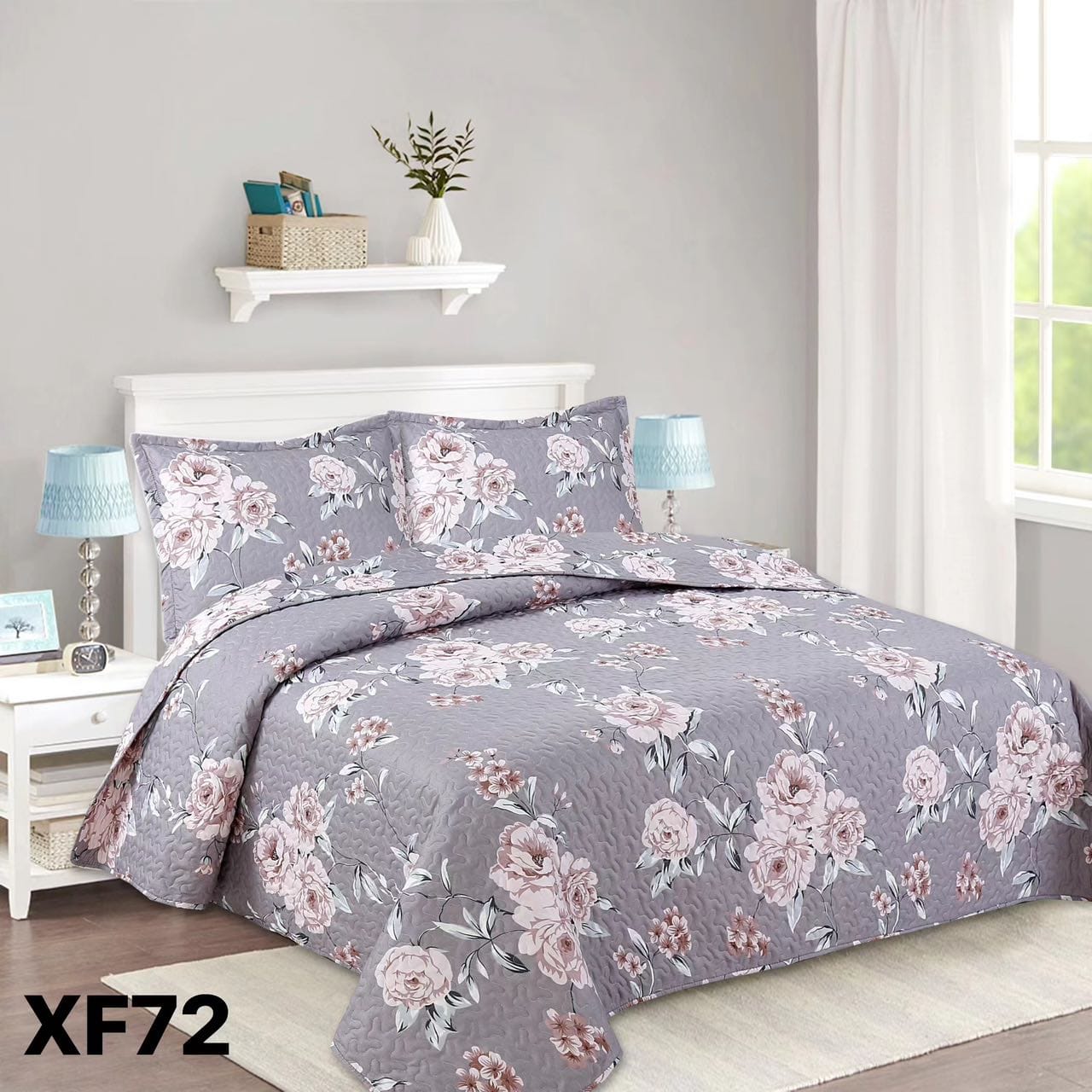 CUBRECAMA QUILT VERANO KING - GRIS ROSAS XF72 - 1
