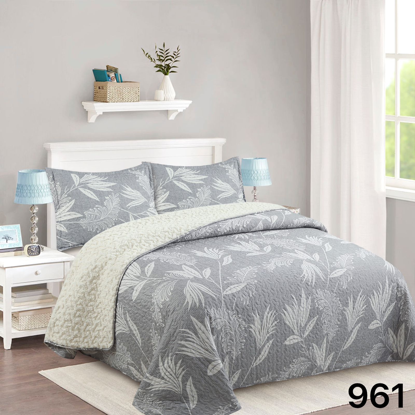 CUBRECAMA QUILT SHERPA 2 PLAZAS - GRIS HOJAS M961 - 1