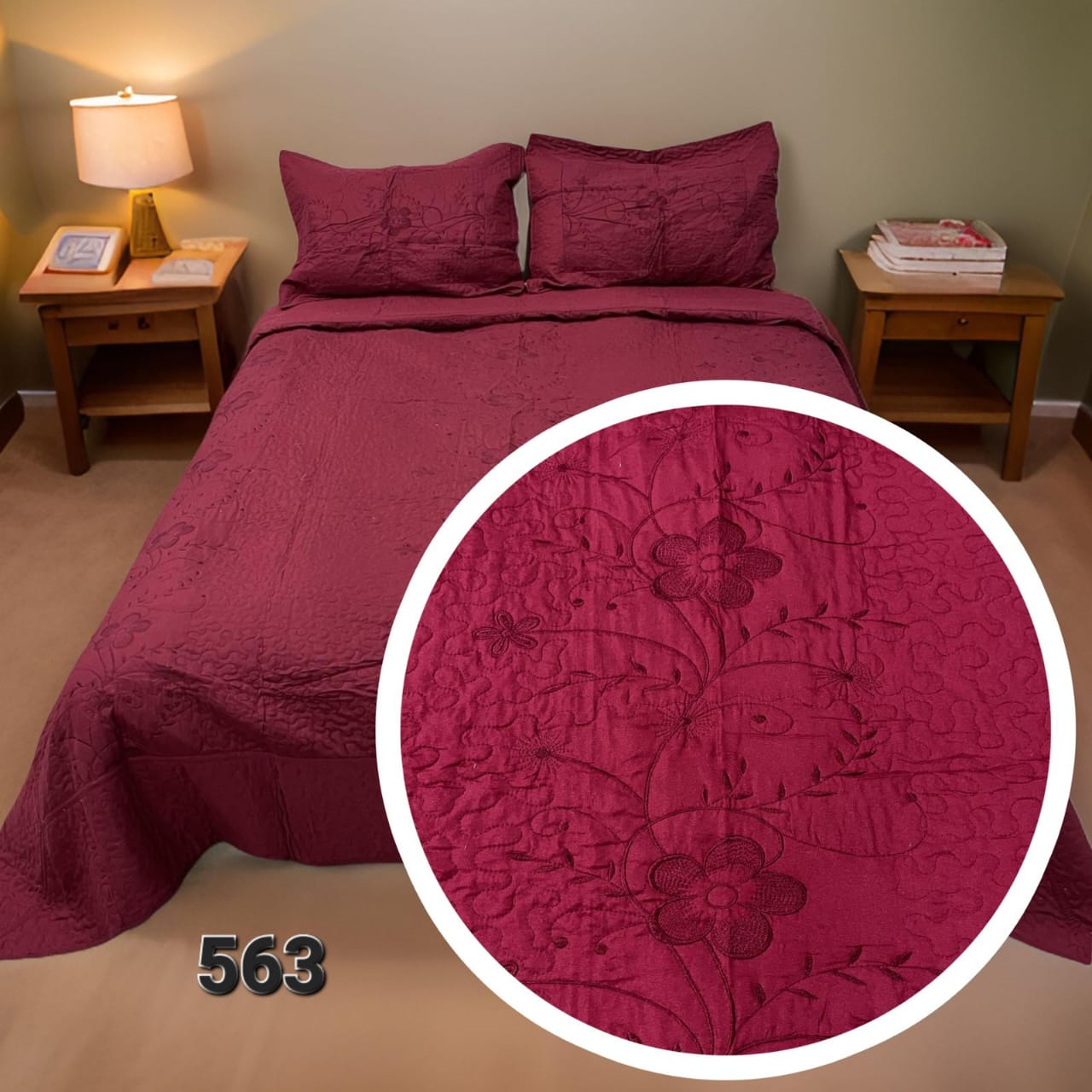 CUBRECAMA QUILT DE VERANO BORDADO 1.5 PLAZAS - BURDEO FLORES 563 - 1